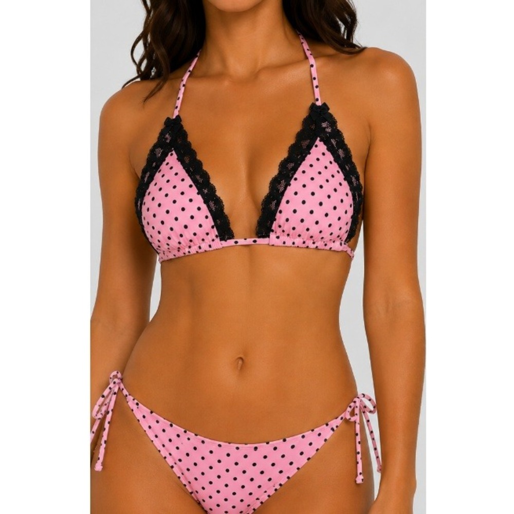 Heaven Sent Pink Polka Dot Lace Side Tie Angel Swim Bikini Top Size S NWT